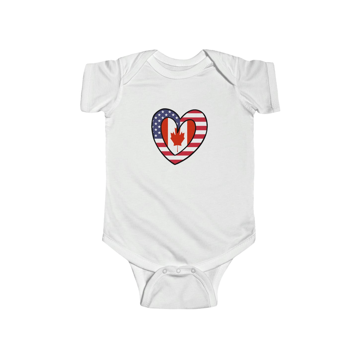 Canadian American Heart Valentines Day Gift Half Canada USA Flag Baby Bodysuit | Newborn Boy Girl