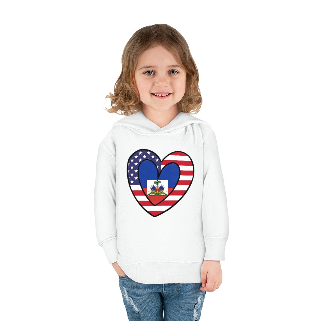 Toddler American Haitian Flag Heart Pullover Fleece Hoodie | Haiti USA