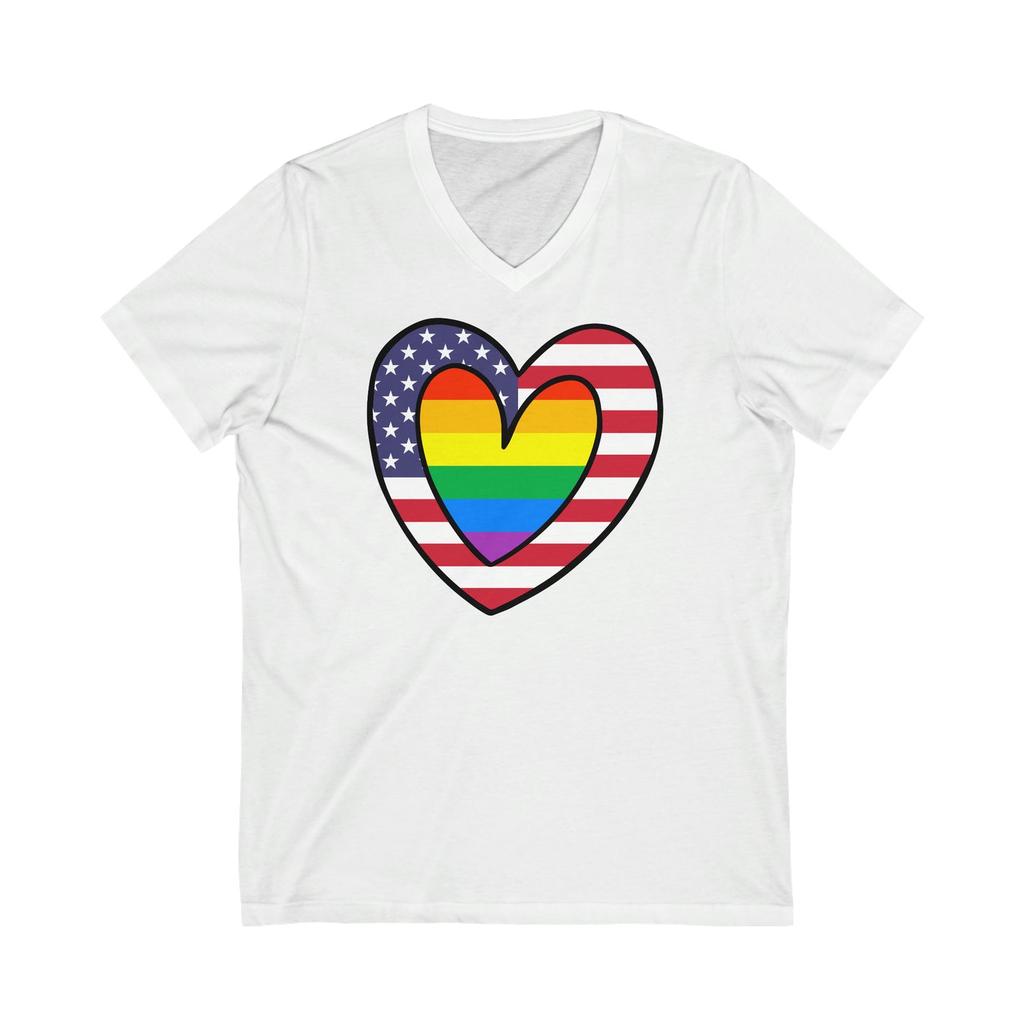 Rainbow American Flag Heart Pride Parade V-Neck T-Shirt | Unisex Vee Shirt