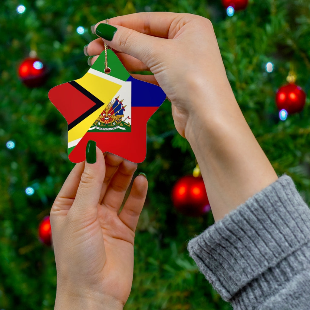 Haitian Guyanese Flag Ceramic Ornaments | Half Guyana Haiti Christmas Tree