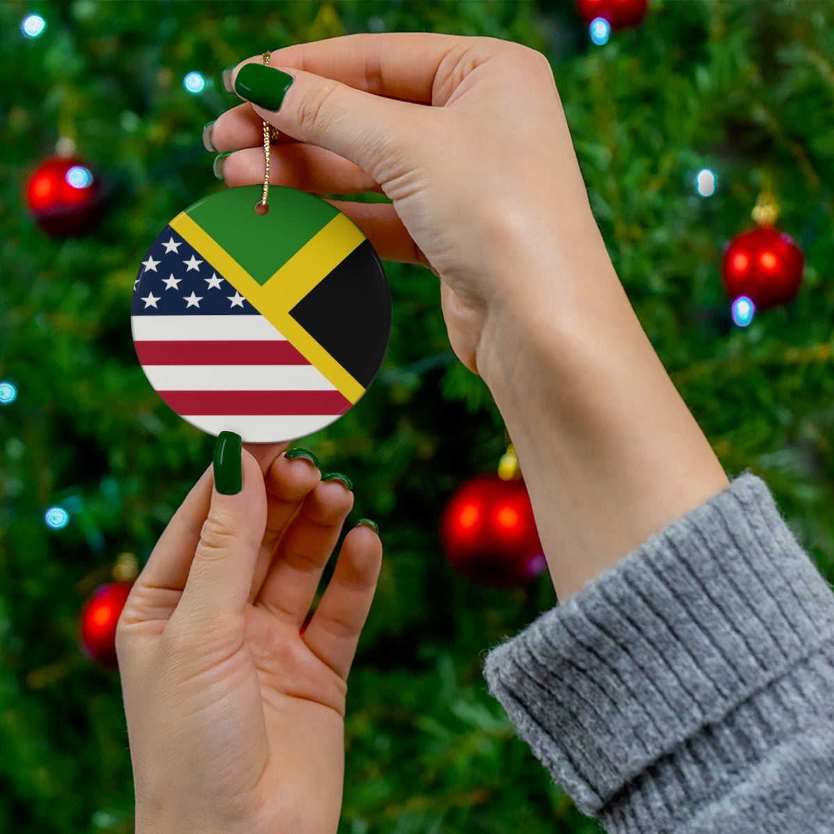 Jamaica American Flag Ceramic Ornaments | Jamaican USA Holiday Christmas Tree