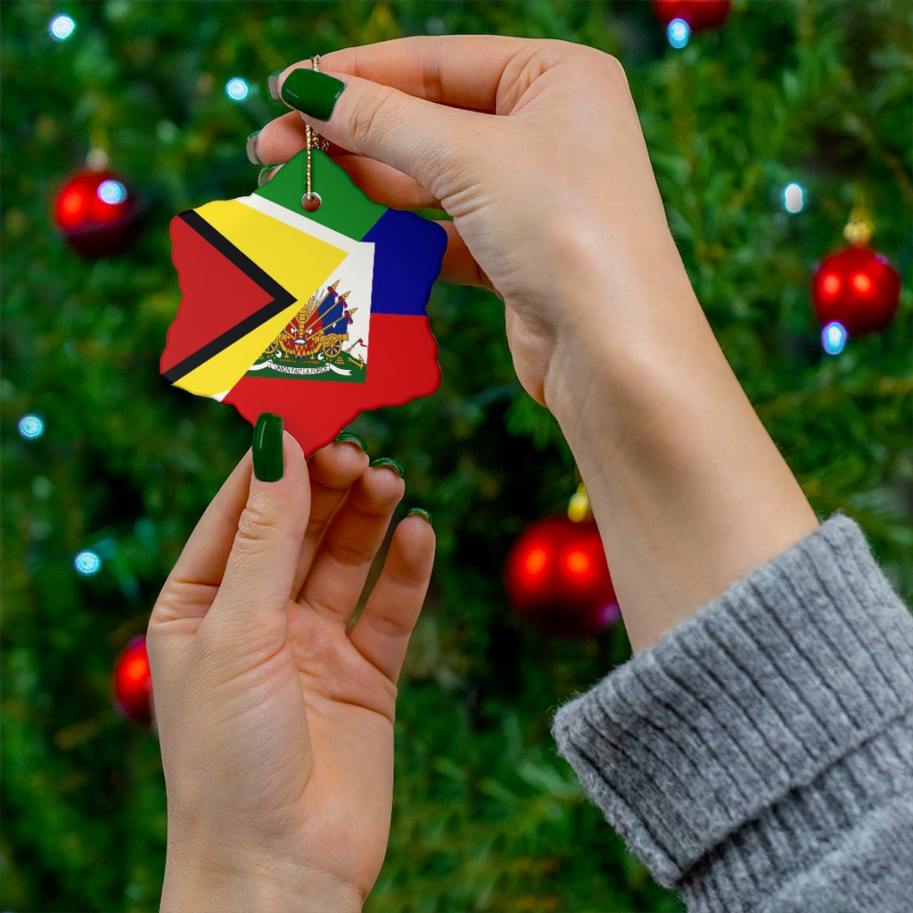 Haitian Guyanese Flag Ceramic Ornaments | Half Guyana Haiti Christmas Tree