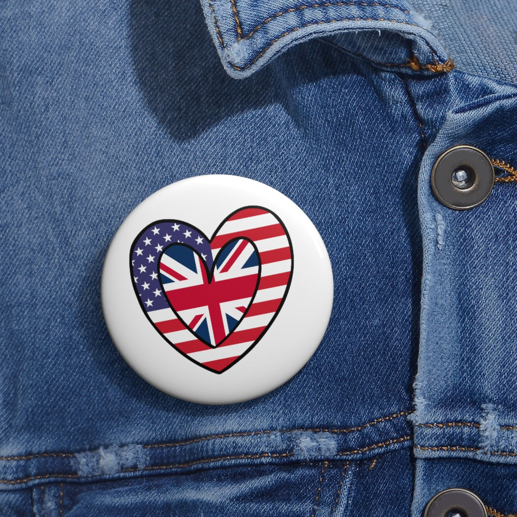 American United Kingdom Flag Inner Heart Pin Button | UK USA