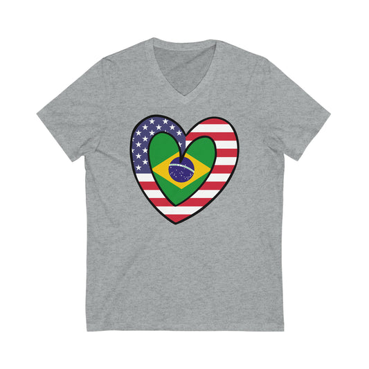 Brazilian American Heart Valentines Day Gift Half Brazil USA Flag V-Neck T-Shirt | Unisex Vee Shirt