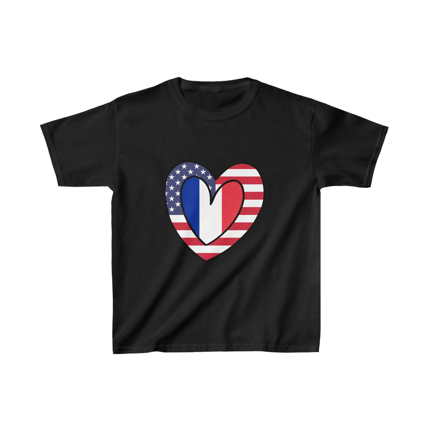 Kids French American Heart Valentines Day Gift Half France USA Flag T-Shirt | Unisex Tee Shirt