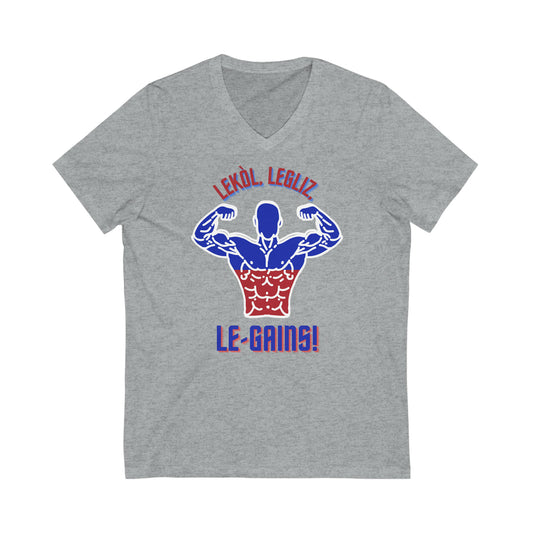 Lekol, Legliz, Le-Gains! | Haitian Gym Saying V-Neck T-Shirt | Unisex Vee Shirt