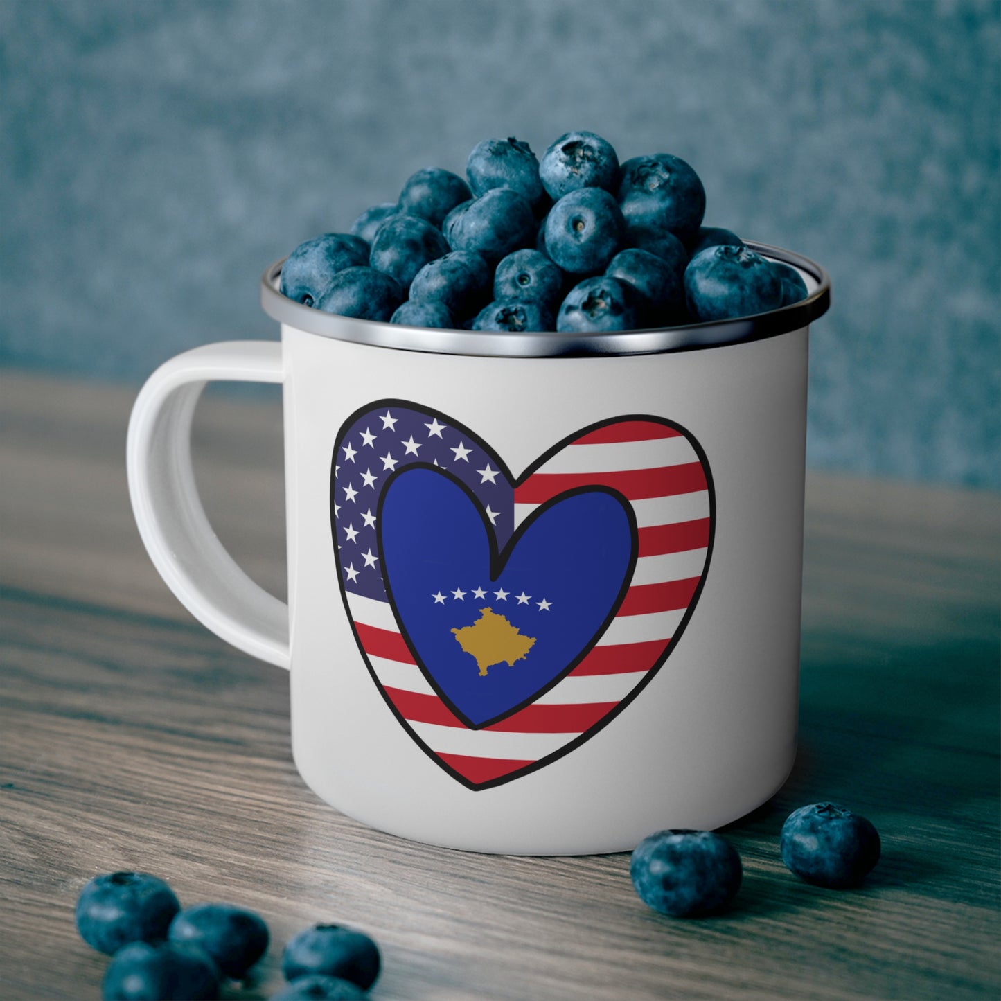 Kosovar American Heart Valentines Day Gift Half Kosovo USA Flag 12oz Enamel Mug