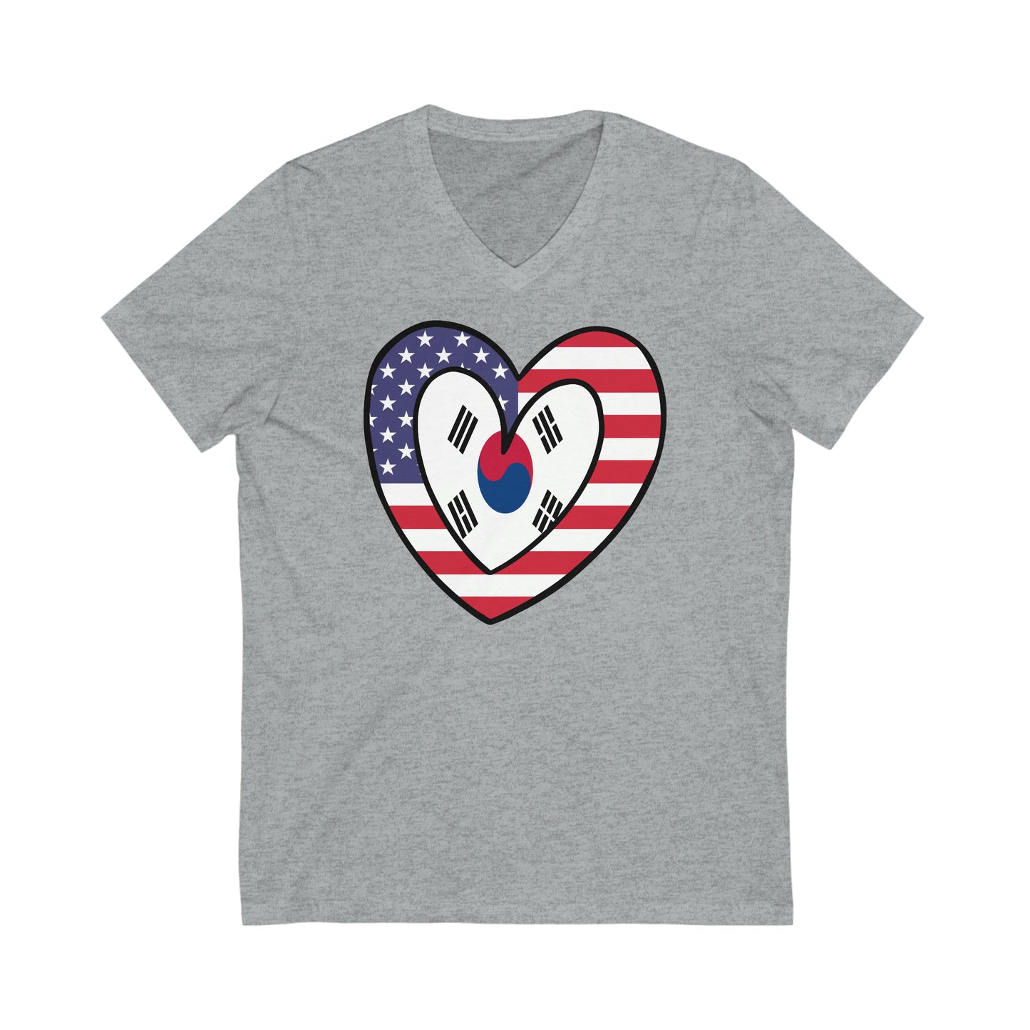 South Korean American Heart Valentines Day Gift Half Korea USA Flag V-Neck T-Shirt | Unisex Vee Shirt