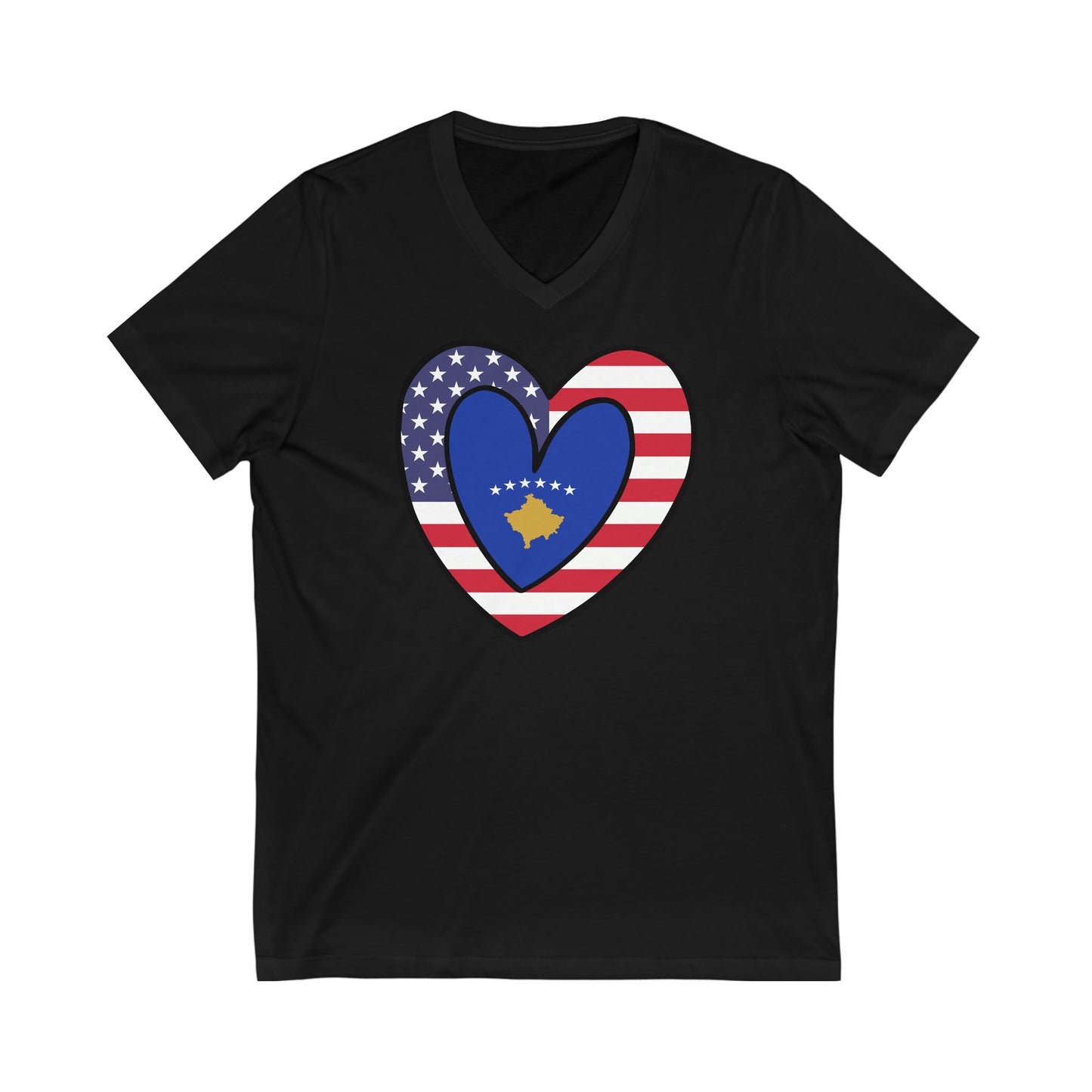 Kosovar American Heart Valentines Day Gift Half Kosovo USA Flag V-Neck T-Shirt | Unisex Vee Shirt