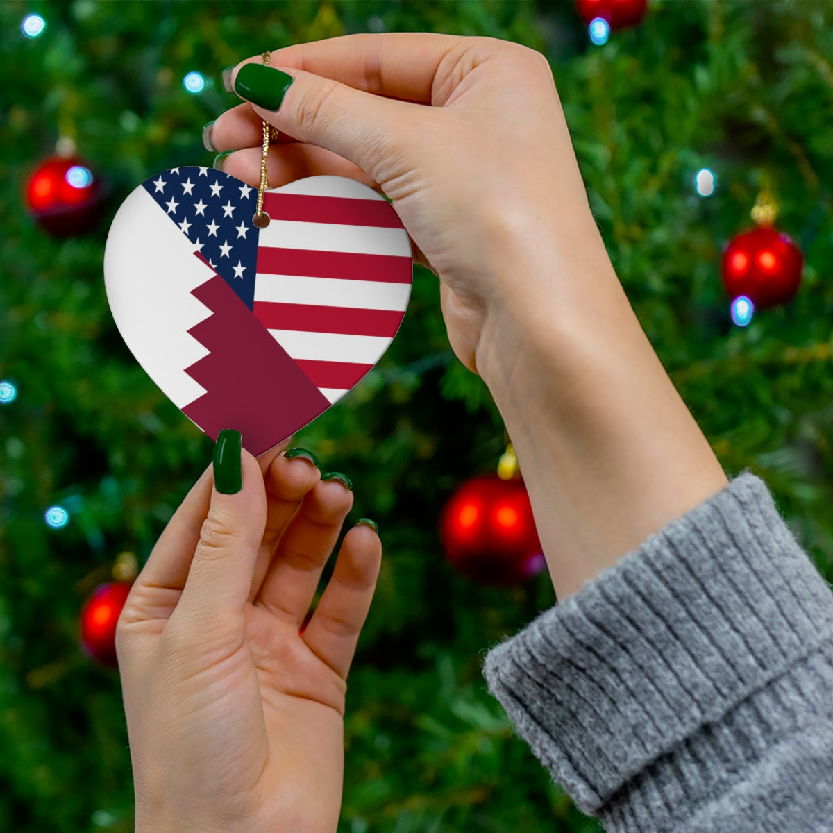 Qatar American Flag Ceramic Ornaments | Qatari USA Christmas Tree