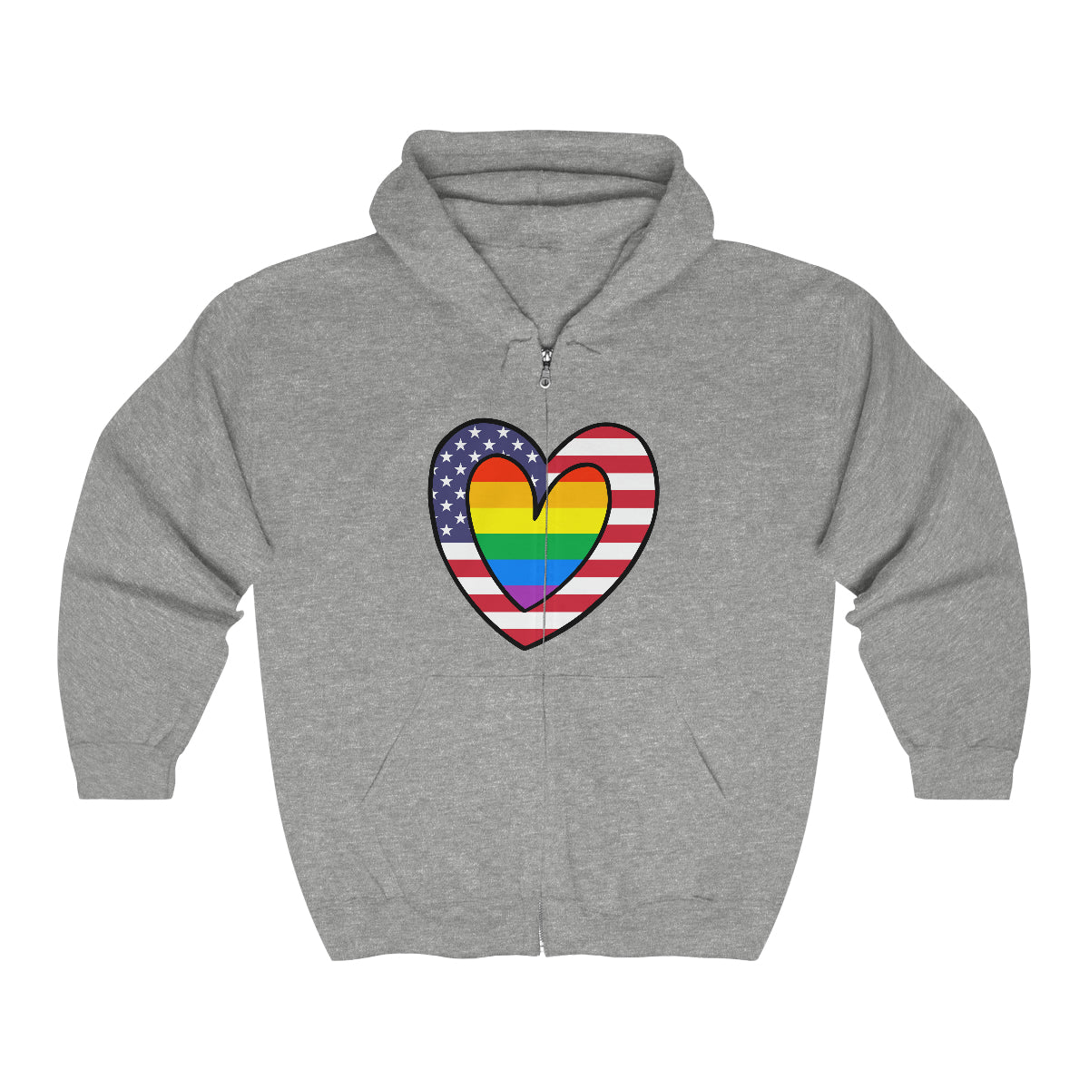 Rainbow American Flag Heart Pride Parade Zip Hoodie | Hooded Sweatshirt