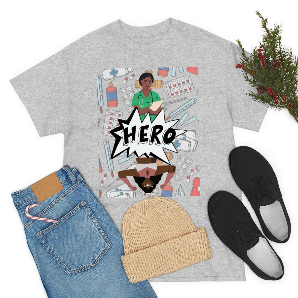 Hero Nurse Shirt | Unisex Black Woman Medical Practitioner Occupation Essential Worker T-Shirt