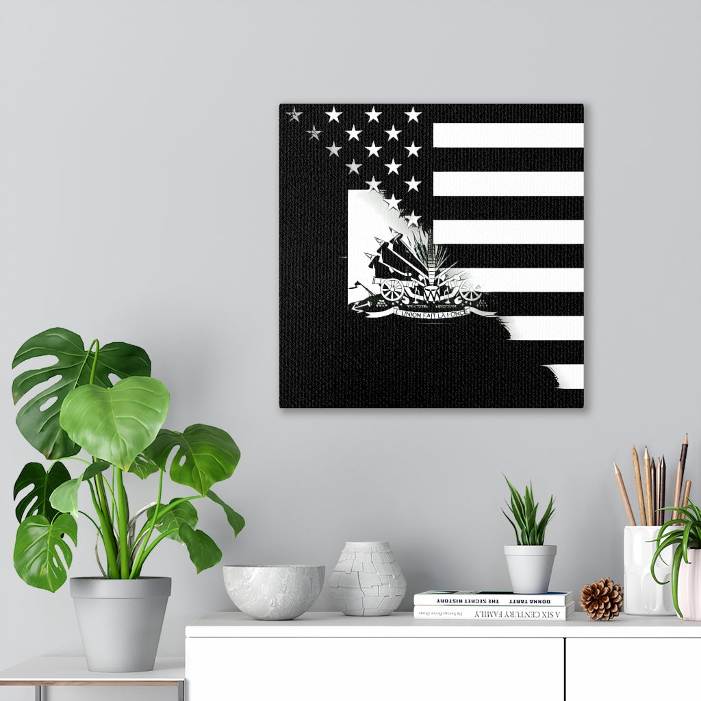 Haitian American Flag Black And White Canvas Gallery Wraps | Haiti USA