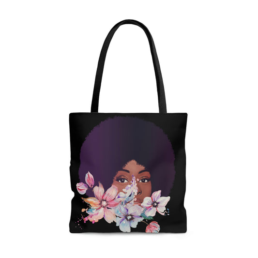 Black Woman Floral Afro Tote Bag | Shoulder Bag
