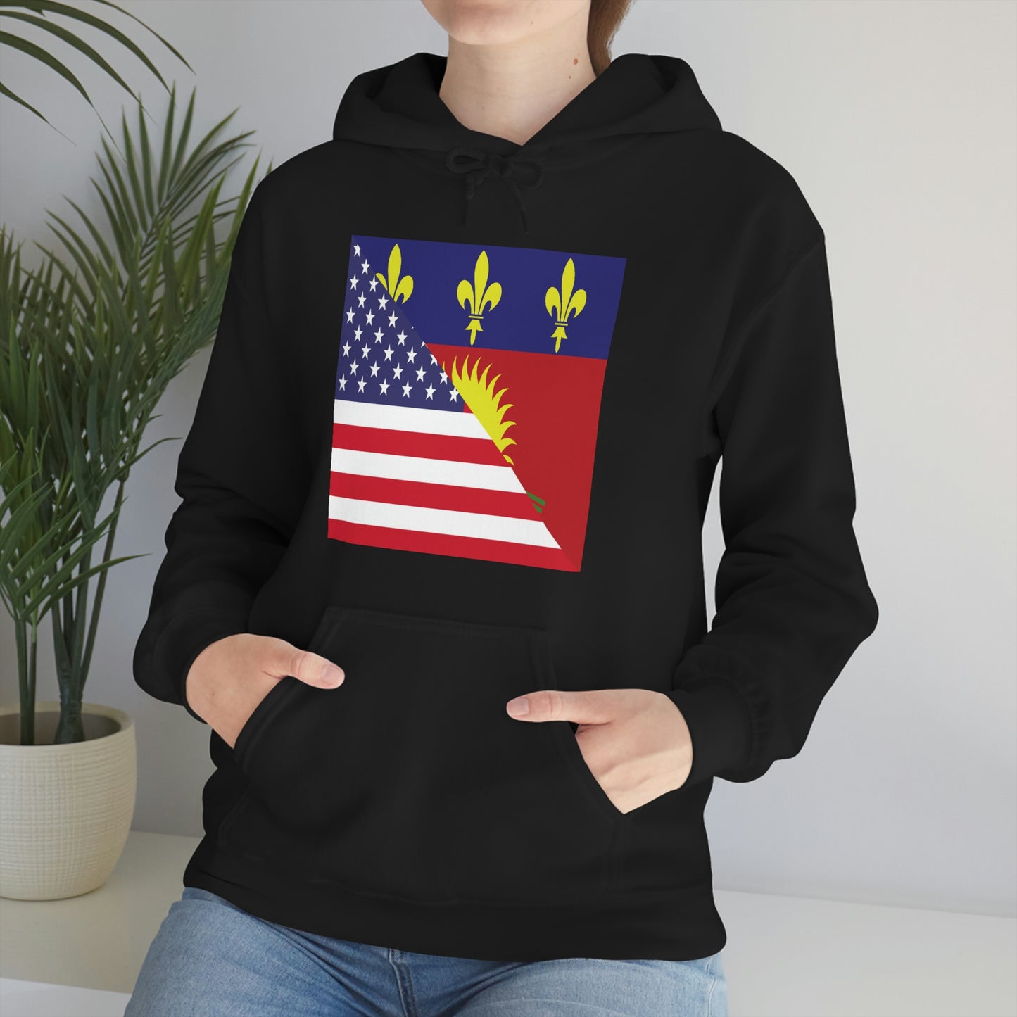 Guadeloupe American Flag Half Guadeloupean USA Hoodie | Unisex Pullover Hooded Sweatshirt