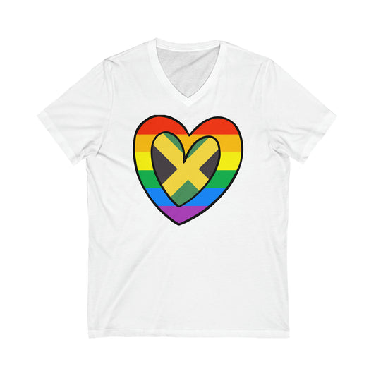 Jamaican Rainbow Flag Heart Jamaica Pride Month V-Neck T-Shirt | Unisex Vee Shirt