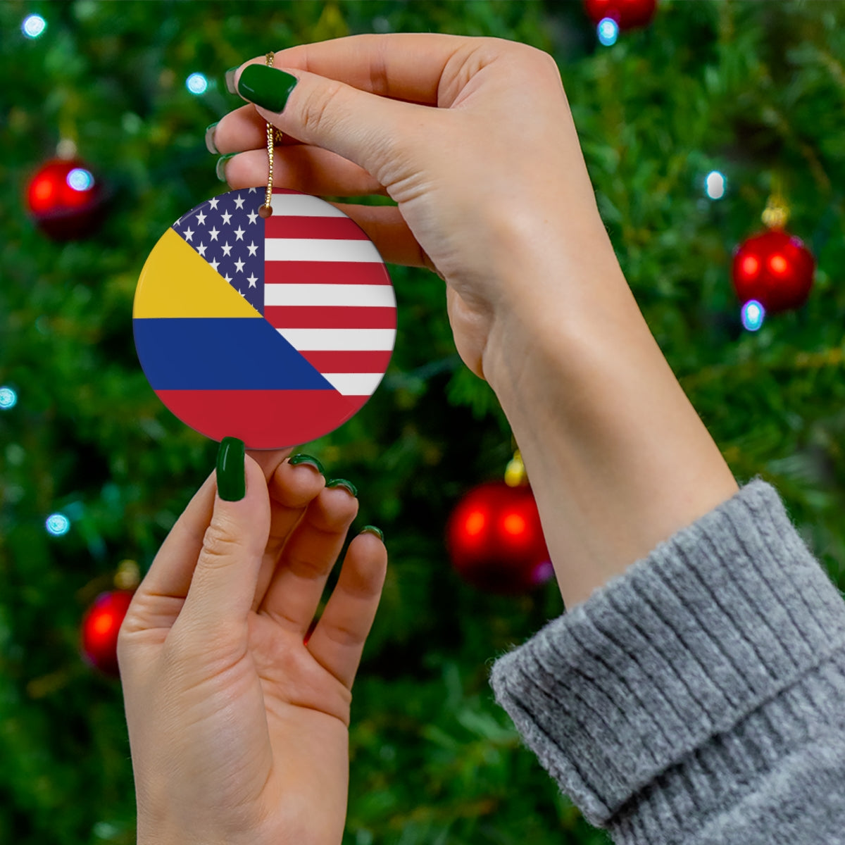 Colombian American Flag Ceramic Ornaments | Colombia USA Holiday Christmas Tree