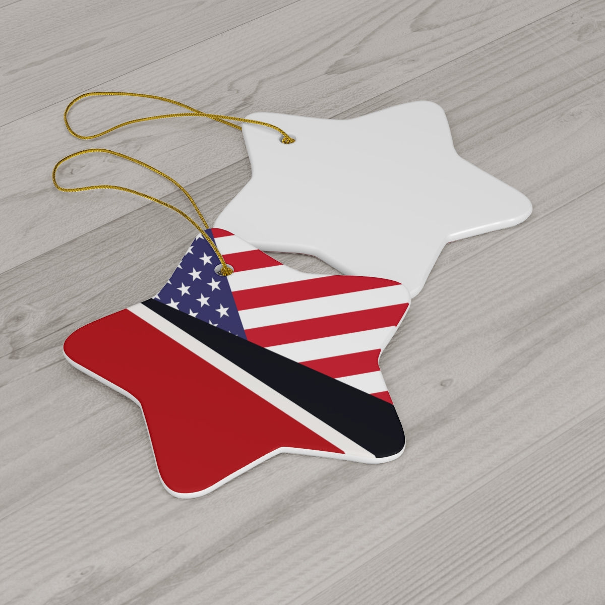 Trini American Flag Ceramic Ornaments | Trinidad USA Holiday Christmas Tree