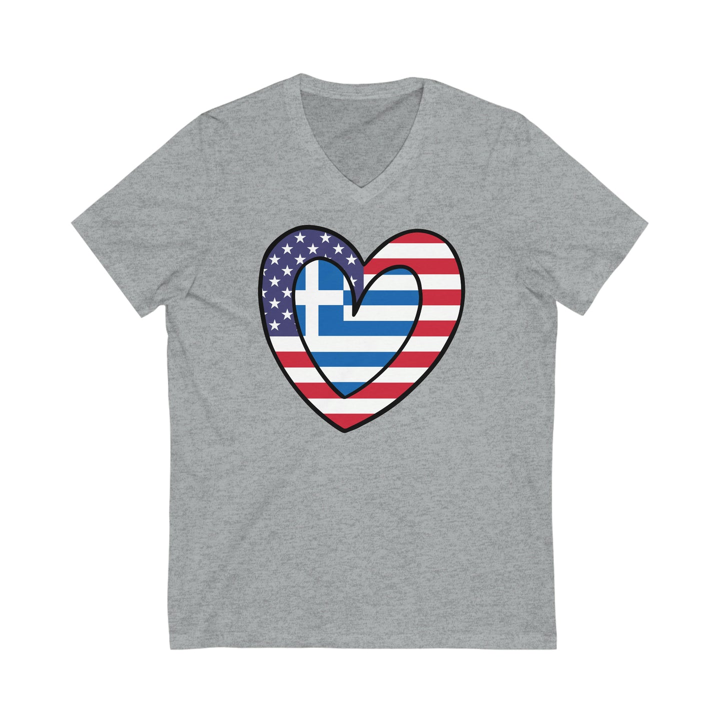 Greek American Heart Valentines Day Gift Half Greece USA Flag V-Neck T-Shirt | Unisex Vee Shirt