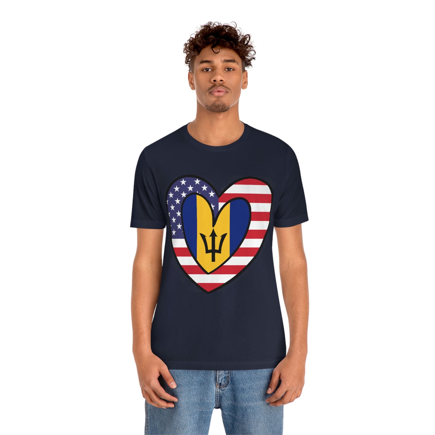 Bajan American Heart Valentines Day Gift Tee Shirt | Half Barbados USA Flag T-Shirt