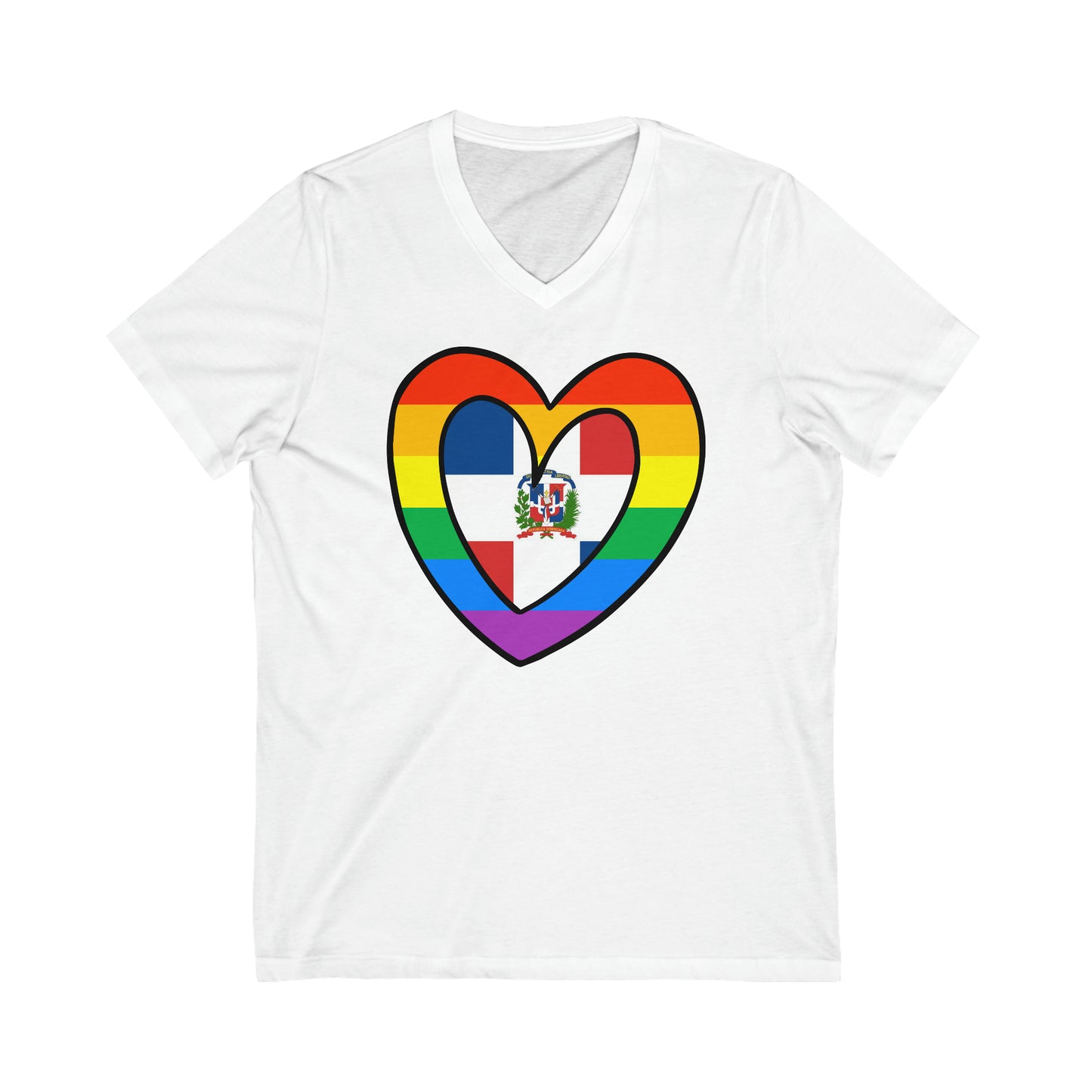 Dominican Rainbow Flag Heart DR Pride Month V-Neck T-Shirt | Unisex Vee Shirt