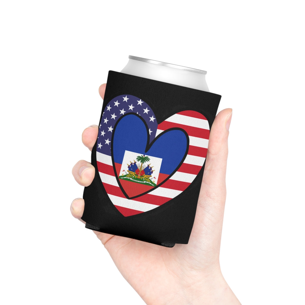 Haitian American Flag Heart Can Cooler | Haiti USA Drink Cosy