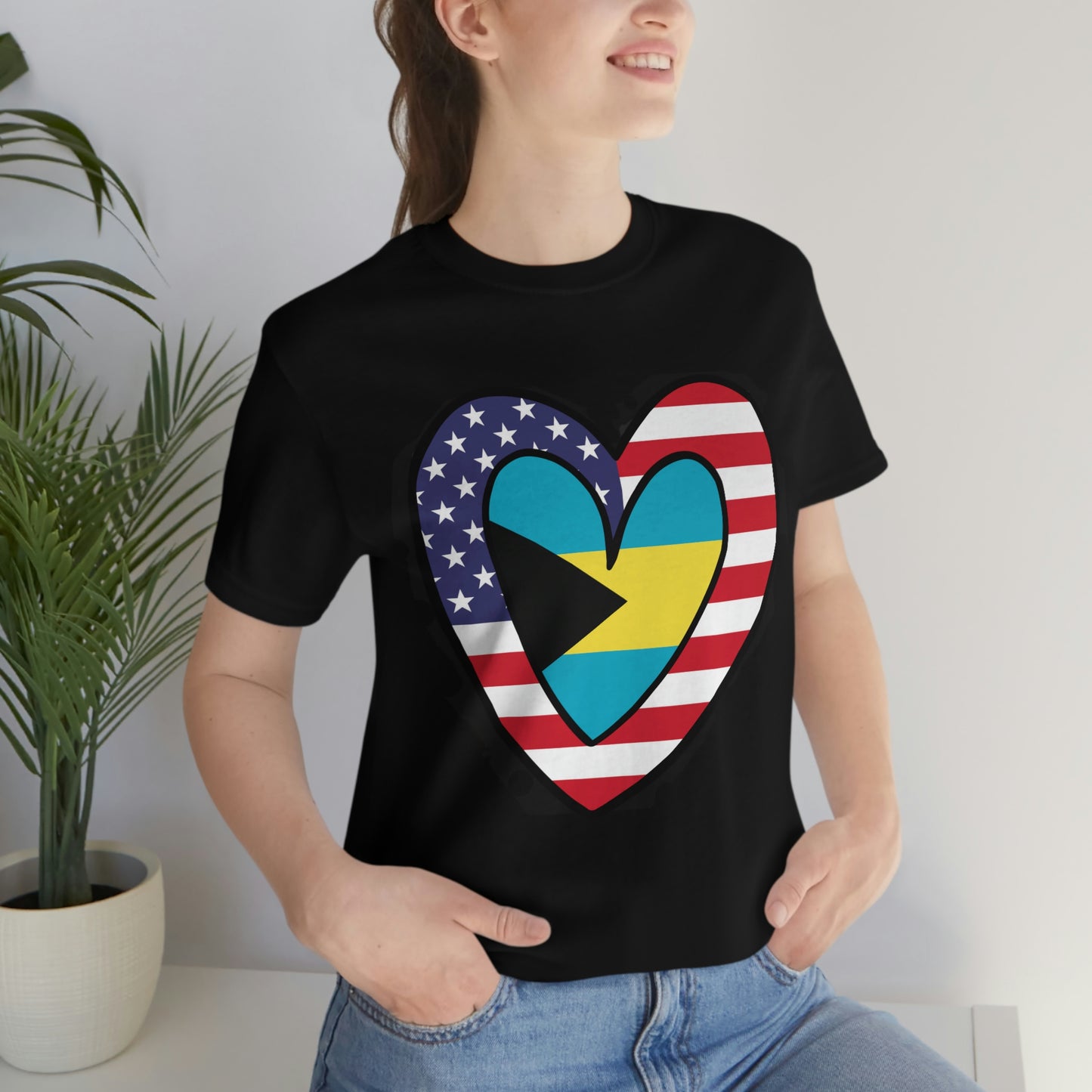 Bahamian American Heart Valentines Day Gift Tee Shirt | Half Bahamas USA Flag T-Shirt