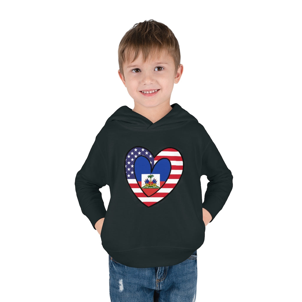 Toddler American Haitian Flag Heart Pullover Fleece Hoodie | Haiti USA