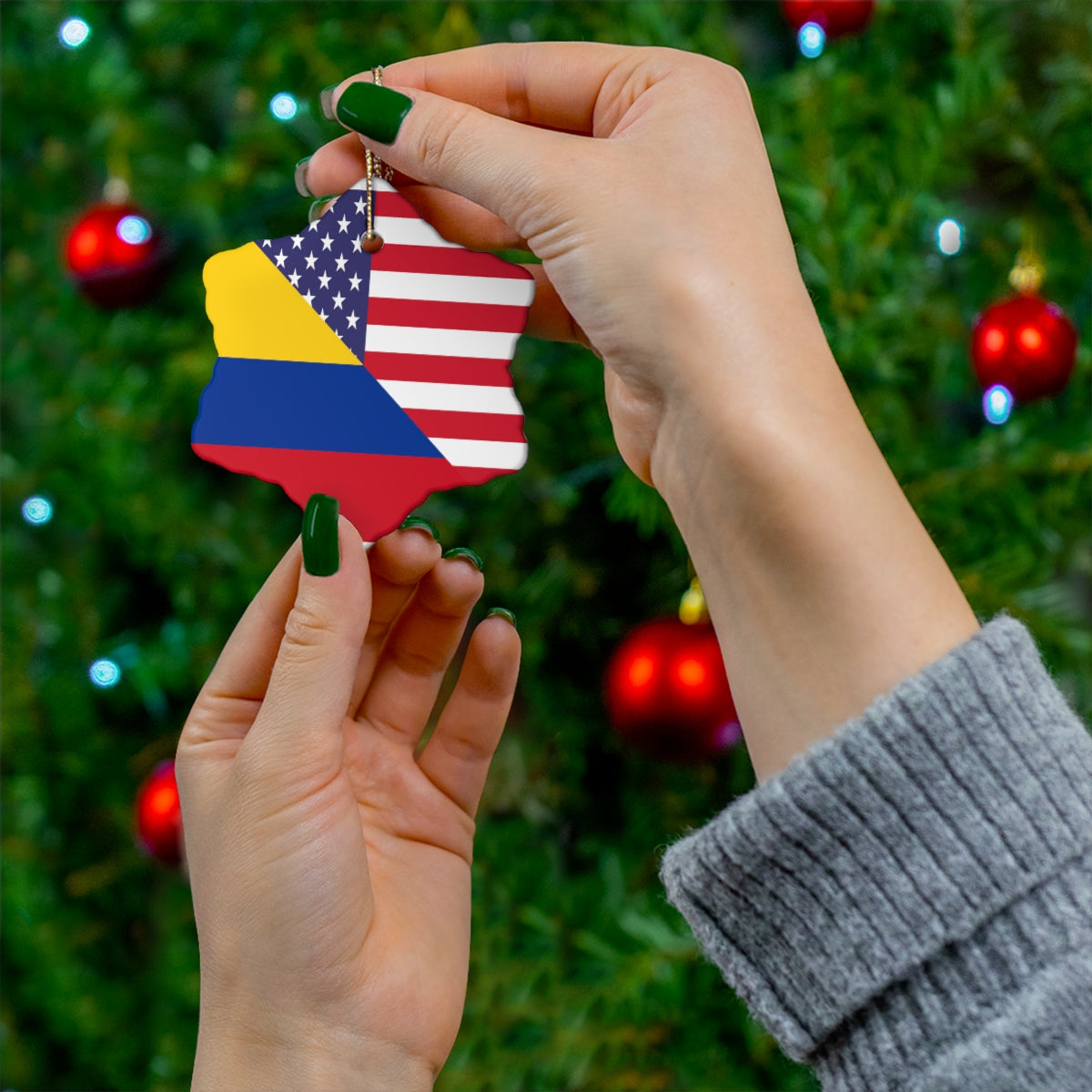 Colombian American Flag Ceramic Ornaments | Colombia USA Holiday Christmas Tree