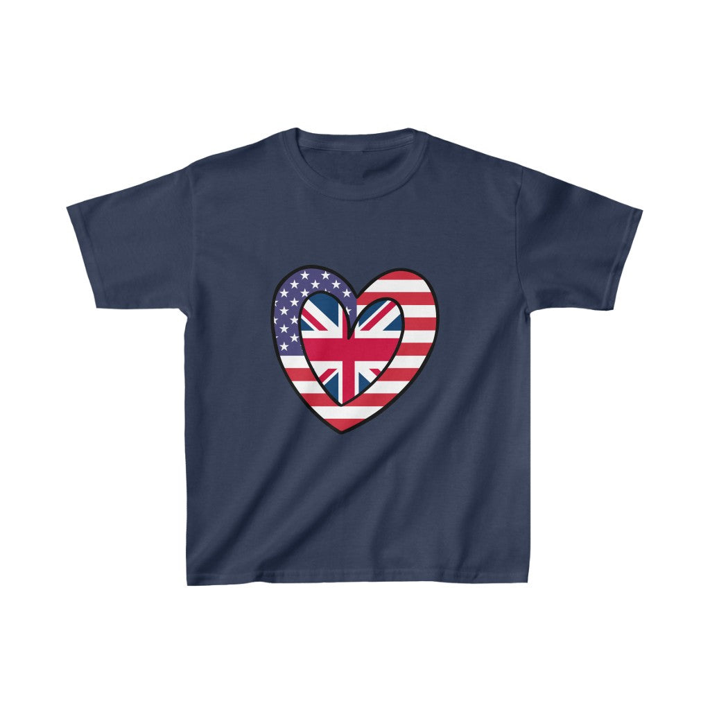 Kids American UK Flag Inner Heart USA United Kingdom T-Shirt | Unisex Tee Shirt