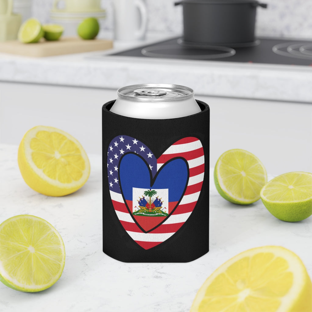 Haitian American Flag Heart Can Cooler | Haiti USA Drink Cosy