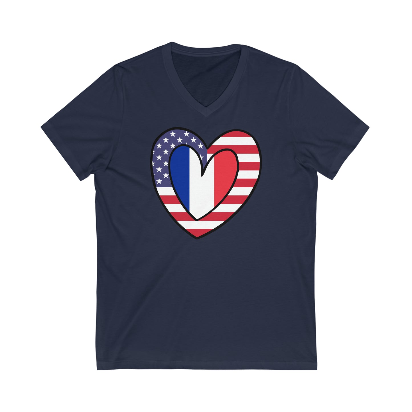 French American Heart Valentines Day Gift Half France USA Flag V-Neck T-Shirt | Unisex Vee Shirt