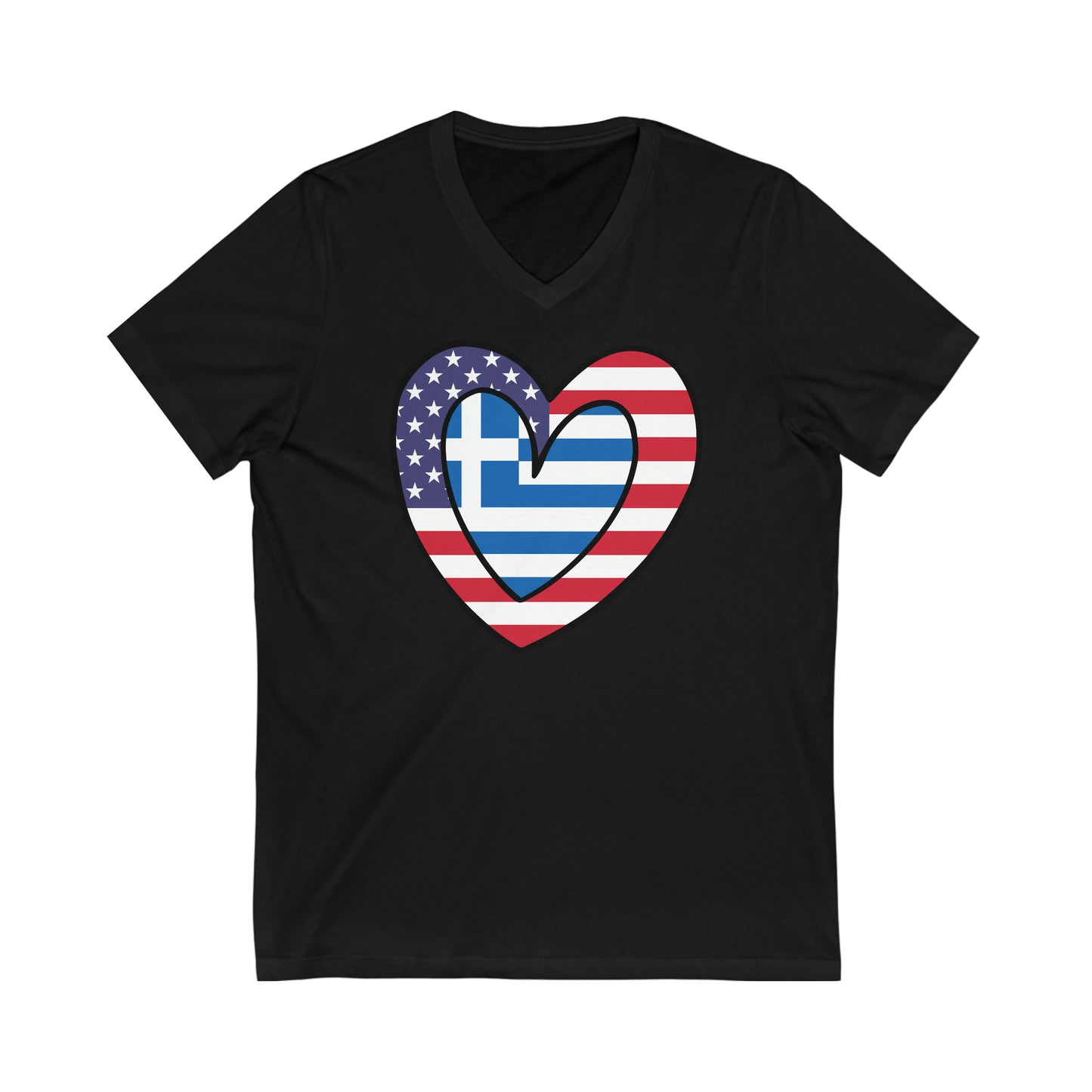 Greek American Heart Valentines Day Gift Half Greece USA Flag V-Neck T-Shirt | Unisex Vee Shirt