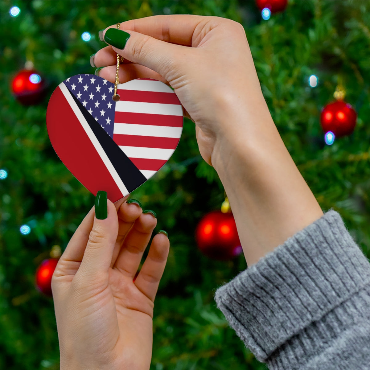 Trini American Flag Ceramic Ornaments | Trinidad USA Holiday Christmas Tree