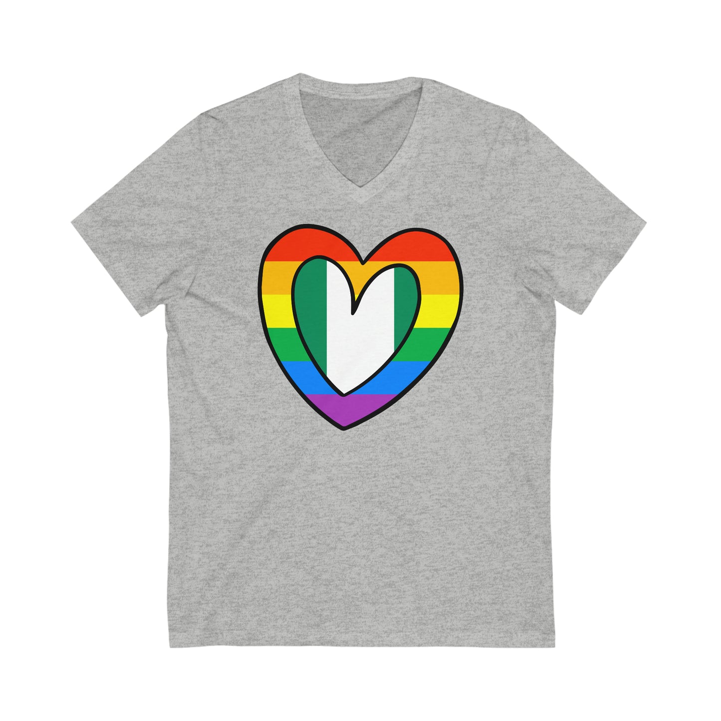 Nigerian Rainbow Flag Heart Nigeria Pride Month V-Neck T-Shirt | Unisex Vee Shirt