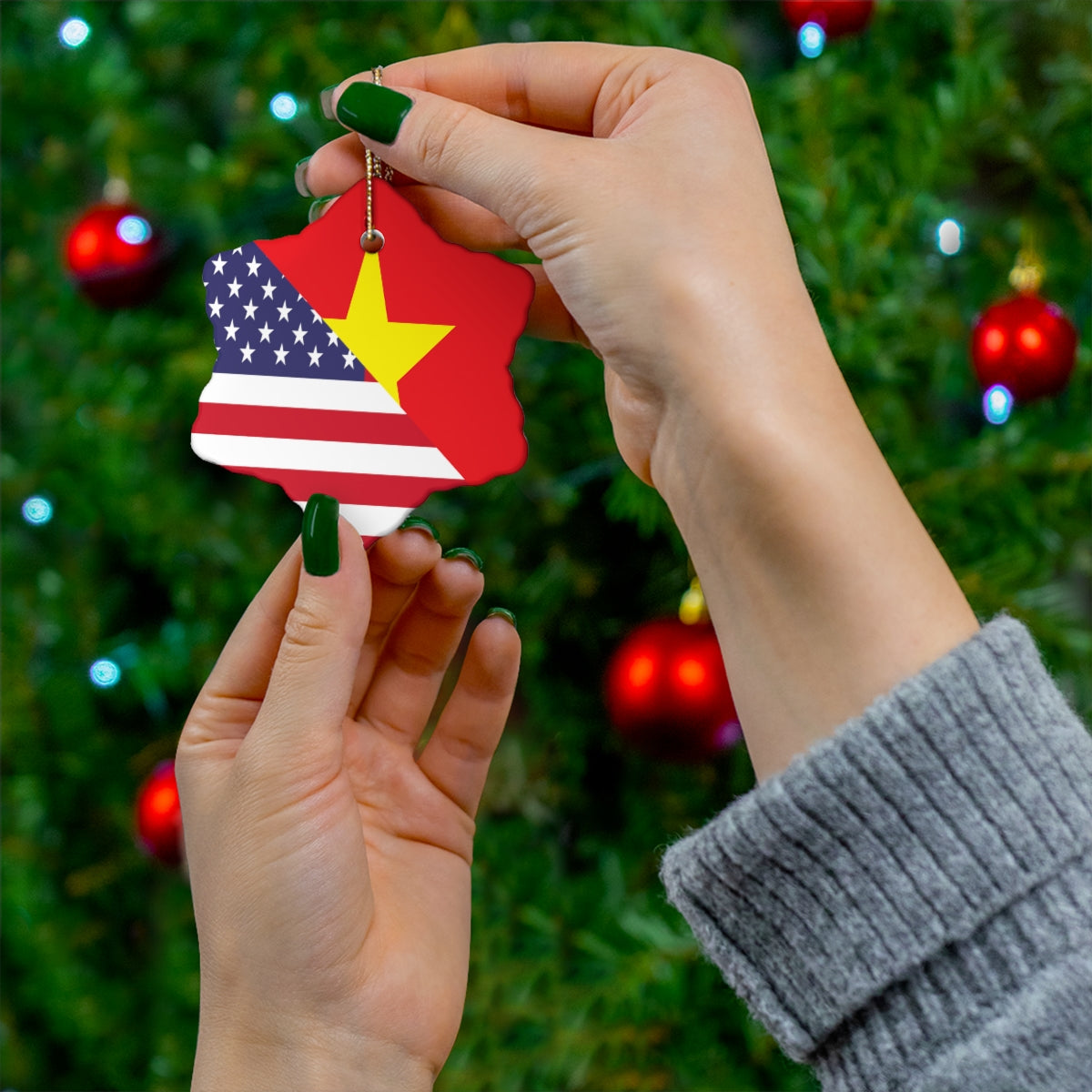 Vietnamese American Flag Ceramic Ornaments | Vietnam USA Holiday Christmas Tree