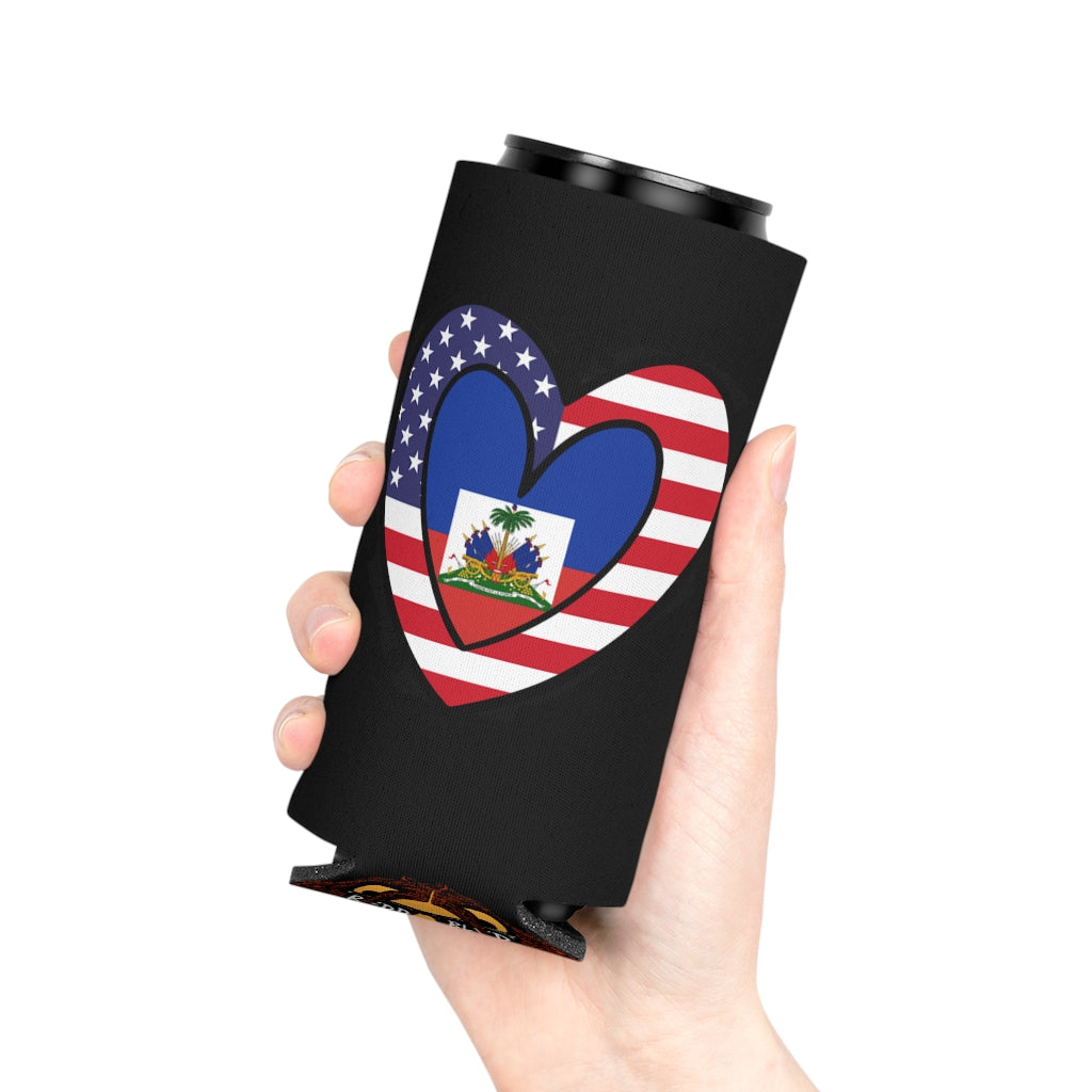 Haitian American Flag Heart Can Cooler | Haiti USA Drink Cosy