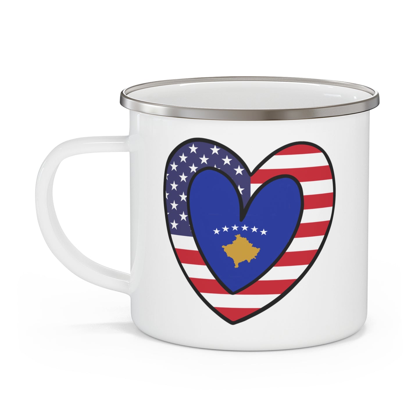 Kosovar American Heart Valentines Day Gift Half Kosovo USA Flag 12oz Enamel Mug