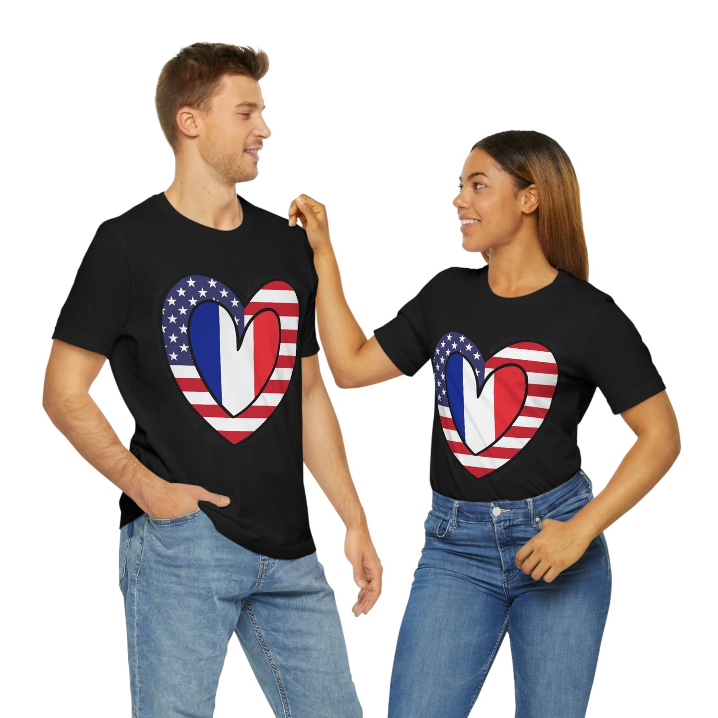 French American Heart Valentines Day Gift Tee Shirt | Half France USA Flag T-Shirt