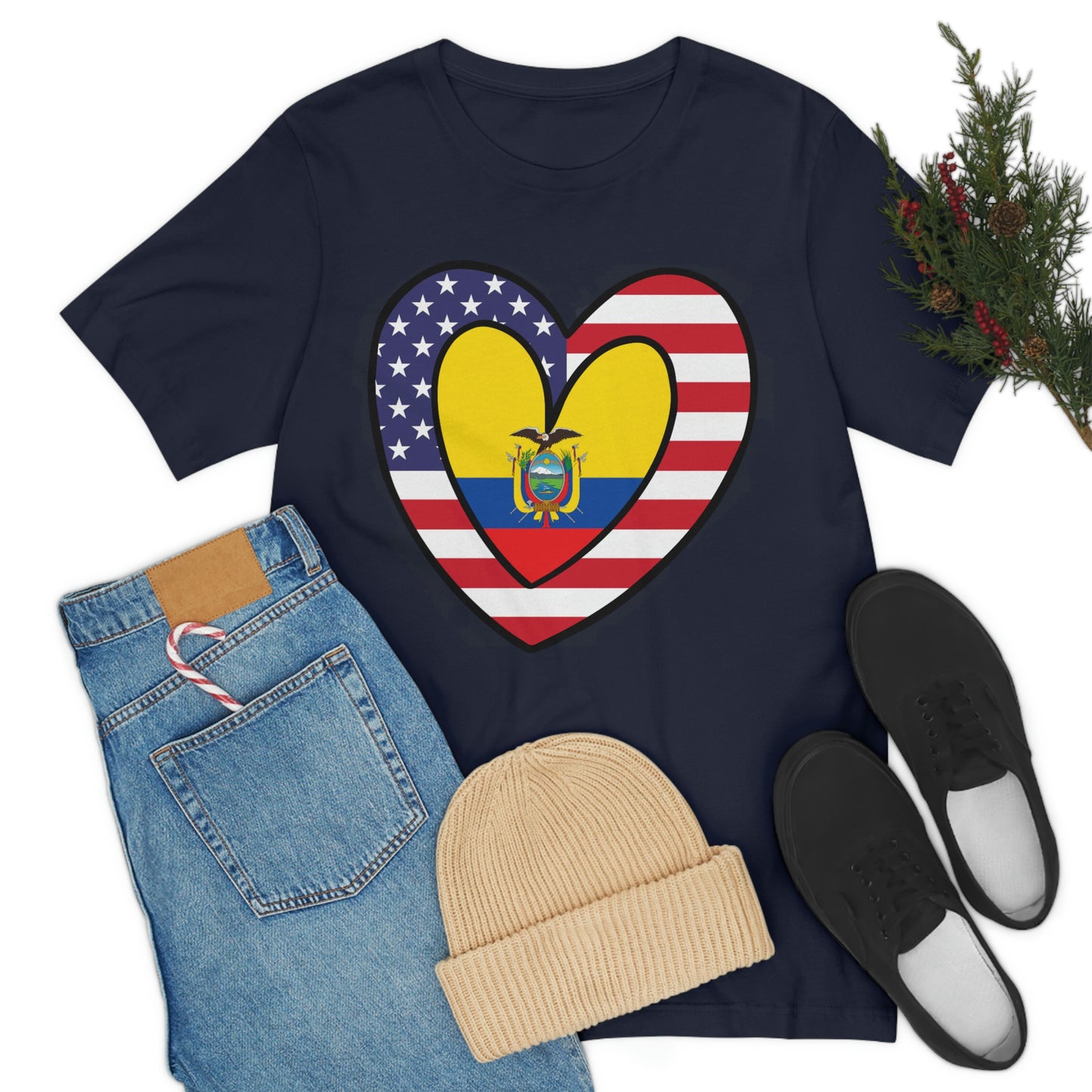 Ecuadorian American Heart Valentines Day Gift Tee Shirt | Half Ecuador USA Flag T-Shirt