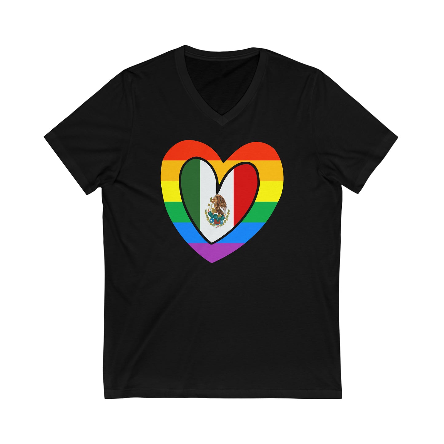 Mexican Rainbow Flag Heart Mexico Pride Parade V-Neck T-Shirt | Unisex Vee Shirt