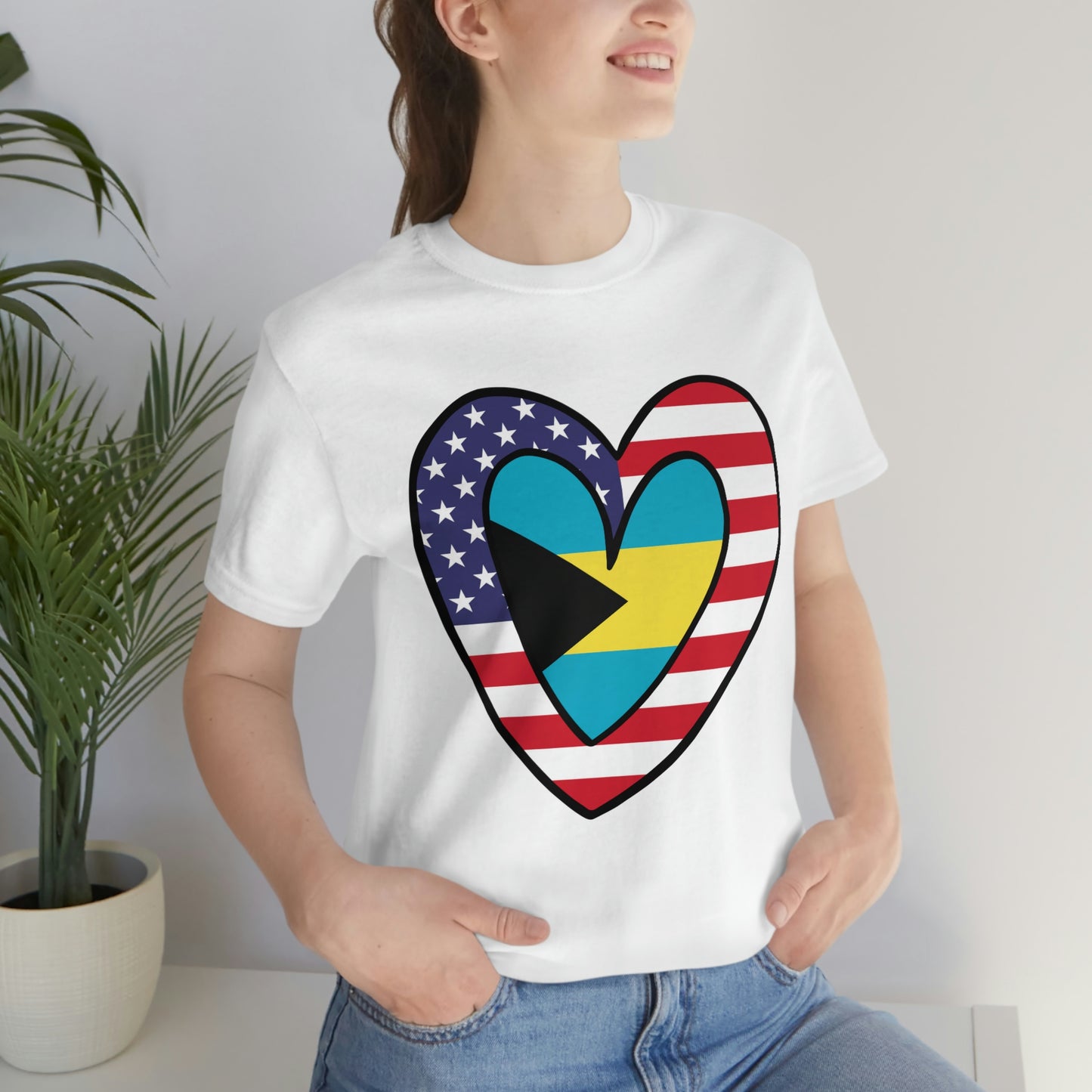 Bahamian American Heart Valentines Day Gift Tee Shirt | Half Bahamas USA Flag T-Shirt