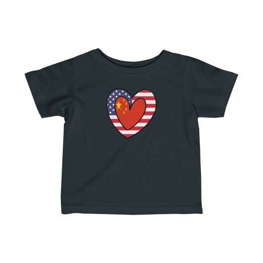 Infant China American Heart Valentines Day Gift Half Chinese USA Flag Toddler Tee Shirt