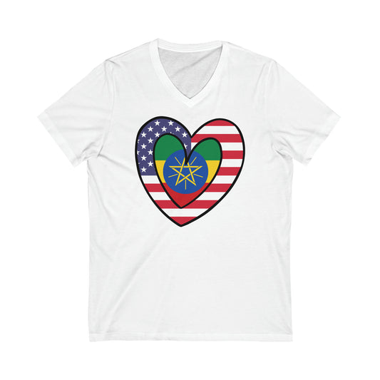 Ethiopian American Heart Valentines Day Wedding Gift Half Ethiopia USA Flag V-Neck T-Shirt | Unisex Vee Shirt