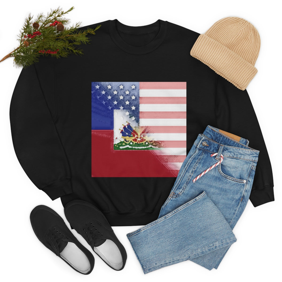 Half Haitian-American Flag Crewneck Sweatshirt | Haiti Ayiti USA