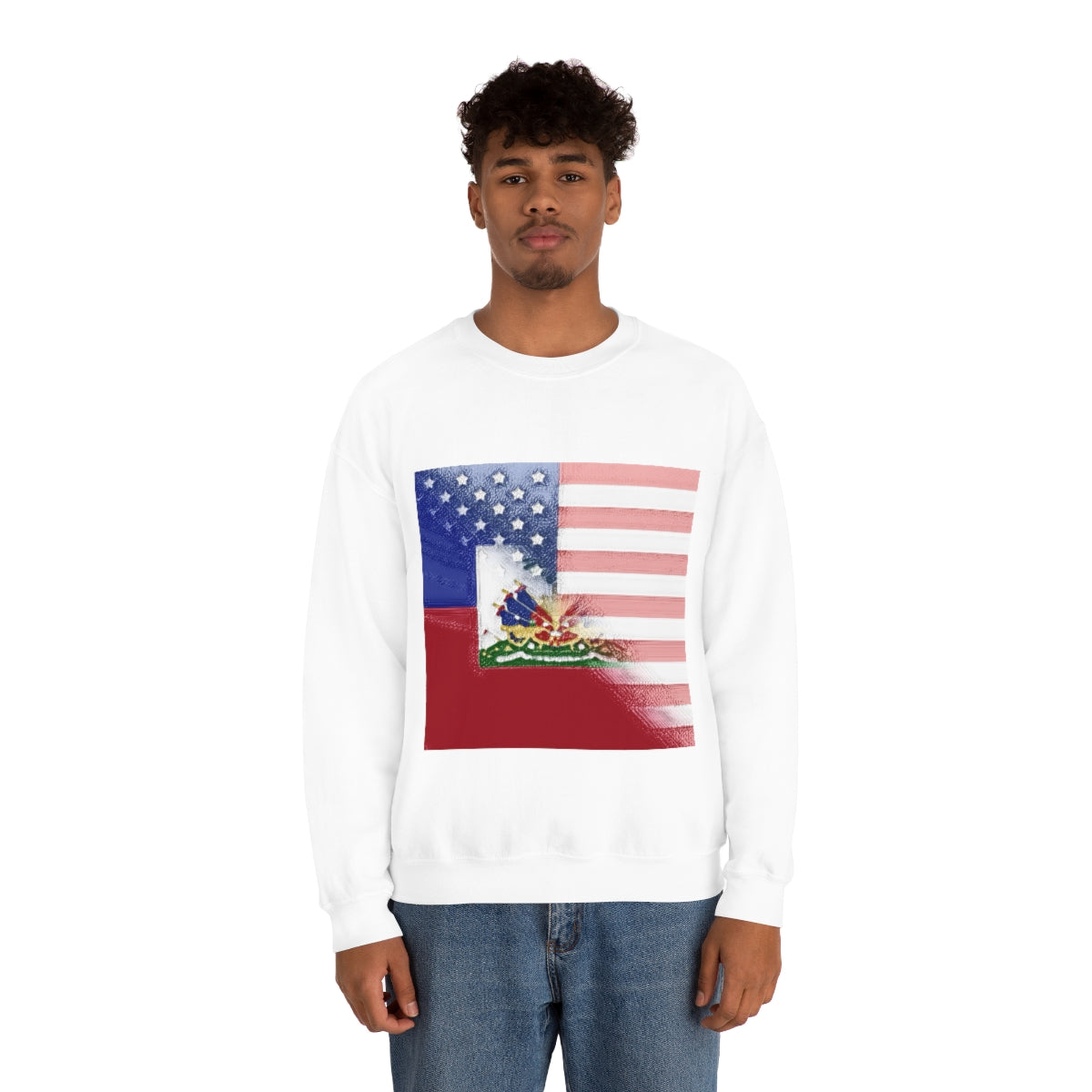 Half Haitian-American Flag Crewneck Sweatshirt | Haiti Ayiti USA