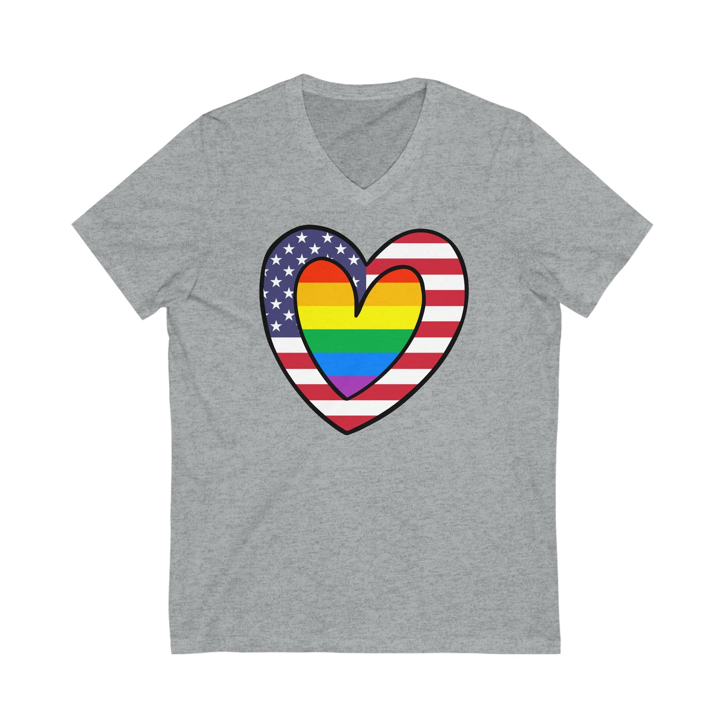 Rainbow American Flag Heart Pride Parade V-Neck T-Shirt | Unisex Vee Shirt