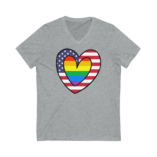 Rainbow American Flag Heart Pride Parade V-Neck T-Shirt | Unisex Vee Shirt