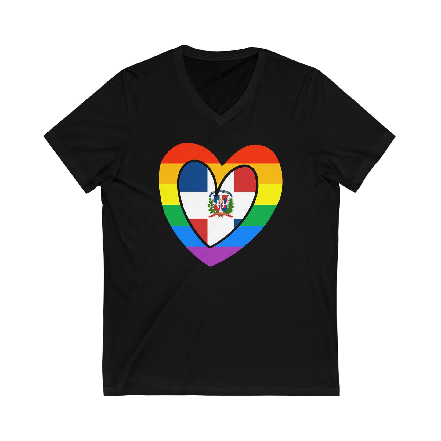 Dominican Rainbow Flag Heart DR Pride Month V-Neck T-Shirt | Unisex Vee Shirt