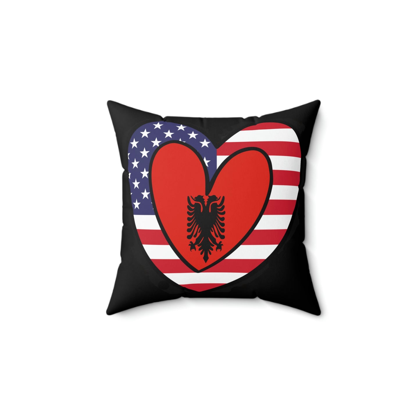 Albanian American Heart Valentines Day Gift Half Albania USA Flag Spun Polyester Square Pillow